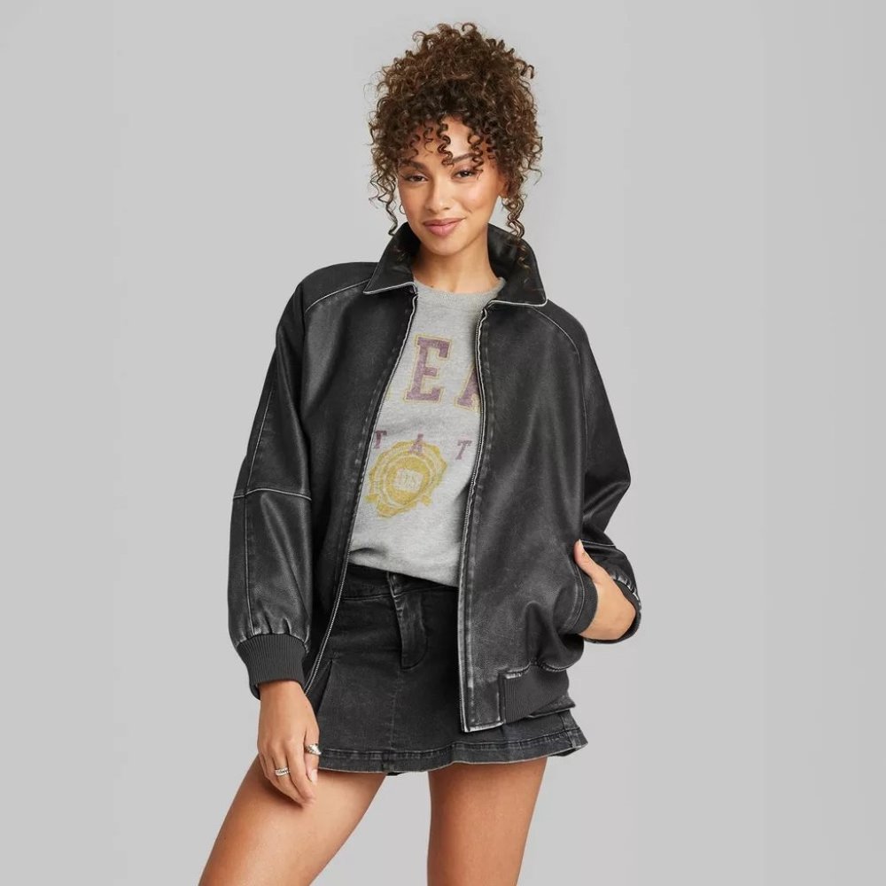 Women's Distressed Faux Leather Bomber Jacket - Wild Fable Black Medium XXS // M